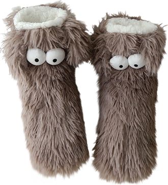 Generic Cute Non-Slip Plush Slipper Socks for Warm Winter, Big Eye Puppy Fuzzy Home Floor Shoes Sleep Socks for Man Woman (Grey)