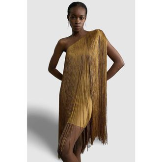 Karen Millen Asymmetric Draped Fringe Mini Dress in Chartreuse at Nordstrom, Size Medium