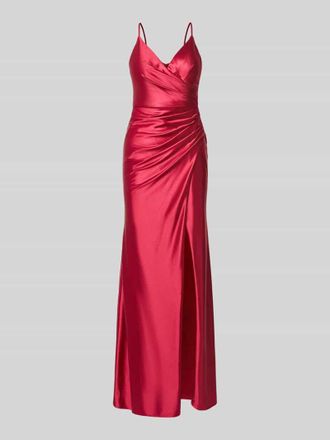 Luxuar Fashion Maxikleid aus Satin mit Drapierungen und Gehschlitz in Bordeaux, Gr&ouml;&szlig;e 32