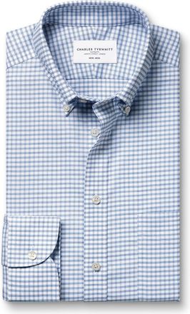 CHARLES TYRWHITT Button-Down Non-Iron Stretch Oxford Check Cotton Shirt - Mid Blue Single Cuff Size 15.5/33 by Charles Tyrwhitt