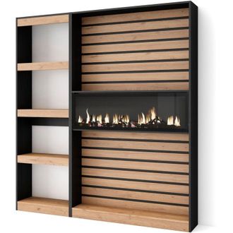 Skraut Home Librer&iacute;a Estanter&iacute;a, Estanteria Libros De Pared, 170x186x25cm, Sal&oacute;n - Comedor - Oficina, Chimenea El&eacute;ctrica, Estilo Moderno, Roble Y Negro - Skraut H