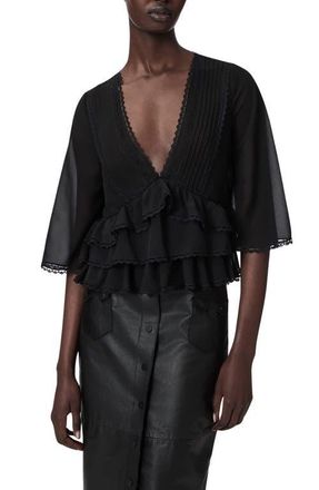 AllSaints Plunge Neck Tiered Ruffle Lace Trim Top in Black at Nordstrom, Size 10 Us