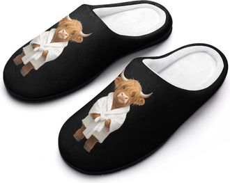 Generic Highland Cow Wearing Bathrobe Mens Slippers Slip On Comfortable Fleece Cotton House Shoes Winter