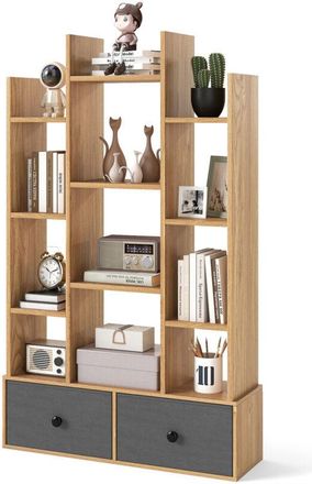 Costway Open-Back Bookshelf Wood Bookcase w/ 12 Compartments-Natural