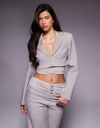 Asos Blazer corto grigio gessato con dettaglio in rete in coordinato-Multicolore