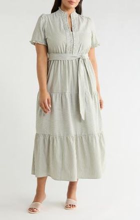 London Times Ruffle Tie Waist Maxi Dress in Green/White at Nordstrom Rack, Size 18W