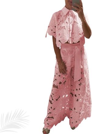 Generic Womens Sexy 2 PCS Button Lace Flowers Shirts Tops Bodycon Wide Leg Pants, Lace Outfits for Women 2 Piece Sets (Pink,S)