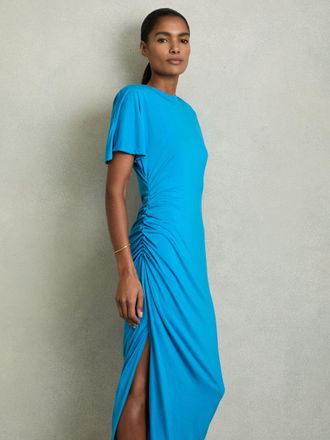 Reiss Womens Blue Modal Ruched Midi Dress, Size: 8