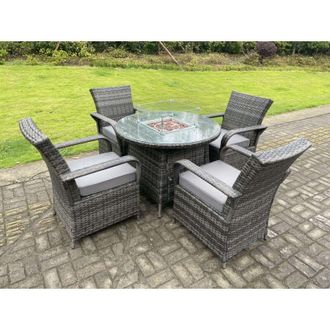 Fimous Fimous Rattan Garden Furniture Gas Fire Pit Rectangle Round Dining Table And Dining Chairs 4 Seater + Round Table