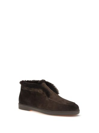 Santoni Suede Shearling Ankle Boot - Brown