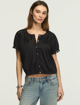 Lucky Brand Womens Crochet Puff Sleeve Button Up Top