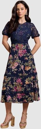Oasis Petite Lace Bodice Midi Dress in Navy at Nordstrom, Size 6