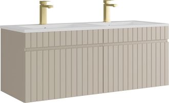 Vente-Unique Mueble de ba&ntilde;o suspendido estriado beige con lavabo encastrado y grifo - 120 cm - SATARA