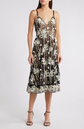 Dress The Population Tahani Embroidered Lace Cocktail Midi Dress in Black-White at Nordstrom Rack, Size Small