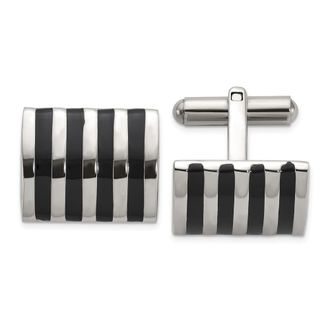 Diamond2Deal Stainless Steel Polished with Black Enamel Stripes Cuff Links
