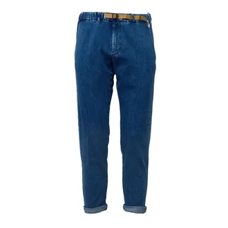 White Sand Relaxed-Fit Denim Pants with Buckle and Stone Details