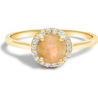 House of Brilliance 10K Gold Gemstone and 1/10 Cttw Diamond Halo Birthstone Ring in Yellow | Multi Opal at Nordstrom, Size 6.5