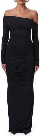 Naked Wardrobe Ruched Off the Shoulder Long Sleeve Maxi Dress in Black at Nordstrom, Size X-Small