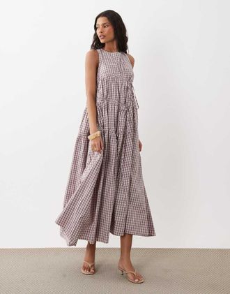 Ghospell Vestito midi senza maniche arricciato con coulisse rosa a quadretti