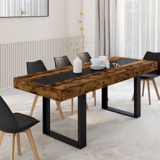 IDMarket Idmarket - Mesa De Comedor Extensible Phoenix 4-8 Personas Madera Envejecida Y Negra Banda Central Negra 160-200 Cm