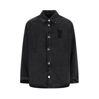 Ami Denim Jackets, male, Black, Size: XL Overshirt With Knitted Ami De Coeur