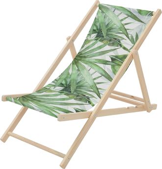 ECD Germany Ecd Germany Silla De Playa De Madera Con Dise&ntilde;o Palmera Verde-blanca Tumbona Plegable Con Respaldo Ajustable En 3 Posiciones De Reclinaci&oacute;n Asiento De
