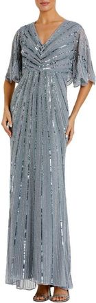 Mac Duggal Sequined V Neck Cape Sleeve Column Gown in Slate Blue at Nordstrom, Size 16