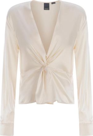 Pinko Zachte satijnen zijden blouse met V-hals en torchon detail - Dames - Blouses - Beige - M - Satijn - Overhemden