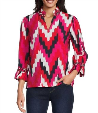 Multiples Cuffed 3/4 Flounce Sleeve Ruffle Neck Top In Multicolor