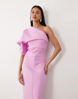 Asos Vestito lungo monospalla stropicciato in tessuto stile scuba lilla-Viola