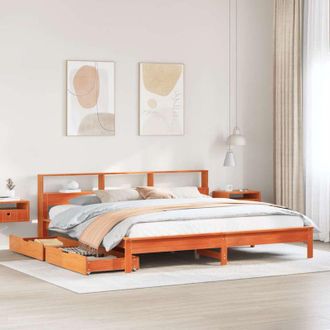 vidaXL Cama Con Estanter&iacute;a Sin Colch&oacute;n Madera Maciza Marr&oacute;n 200x200 Cm Vidaxl