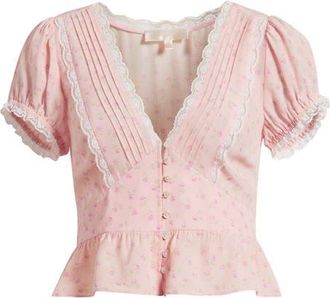 LoveShackFancy Bondy Ditsy Floral Lace Trim Button-Up Peplum Top in Calico Peach at Nordstrom, Size 12