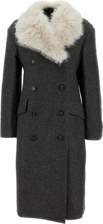 Simone Rocha Grey Cut-Out Faux-Fur Collar Double-Breasted Wool Coat
