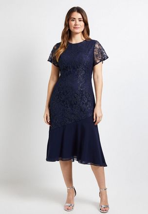 Wallis Womens Lace Asymmetric Midi Dress - Navy Cotton - Size 22 UK