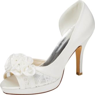 Emily Bridalwear Emily Bdaril Lace Wedding Shoes High Heel Peep Platform Ivory Slip-on Bridal Shoes with Flowers (EU38/UK5, Ivory)