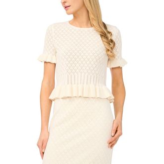 CeCe by Cynthia Steffe Pointelle Knit Ruffle Trim Peplum Sweater in Pure White at Nordstrom, Size Xx-Large