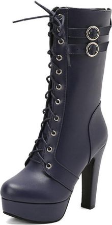 Generic Womens Punk Style Platform Chunky Heel Boots, Mid-Calf with Front Lacing, Side Zip, and Buckle,Blue,5.5 UK