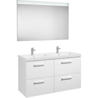 Roca Roca - Conjunto De Mueble (4 Cajones), Lavabo Doble Y Espejo Led Prisma Color: Blanco Brillo