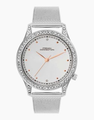 French Connection Womens Connection Silver Case Round Shape Silver Strap Quartz Watch - White - Size: ONE size
