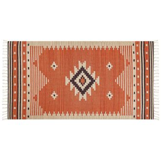 Beliani Alfombra Kilim De Algod&oacute;n Naranja Beige Marr&oacute;n 80 X 150 Cm Geom&eacute;trico Borlas Gavar