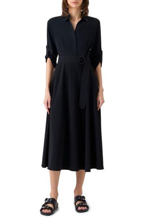 Akris Belted Laser Cut Crepe Midi Shirtdress in Black at Nordstrom, Size 12