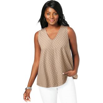 Jessica London Stretch Cotton V-Neck Trapeze Tank in New Khaki Ivory Dot at Nordstrom, Size Large