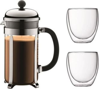 Bodum CHAMBORD Set caffettiera a stantuffo - 8 tazze - 1L - Grigio - Con 2 bicchieri doppia parete Pavina 0,35l