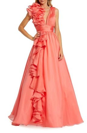 Mac Duggal Ruffle Shoulder V-Neck Chiffon Gown in Coral at Nordstrom, Size 12