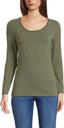 Lands End Long Sleeve Lightweight Jersey Scoop Neck T-Shirt in Olive Drab Thin Stripe at Nordstrom, Size Medium