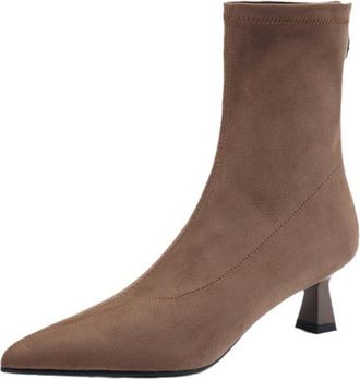 Generic Womens Suede Ankle Boots Pointed Toe Slim Stiletto Heels Side Zipper Stretch Knit Upper Soft Lining Cushioned Insole Durable Non-Slip Outsole,Khaki,3.