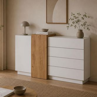 Dmora Aparador Hadarari, Alacena 4 Cajones, 2 Estantes, Apertura Abatible, Corredera, 160x45x94h Cm Blanco