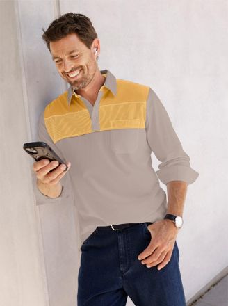 Catamaran Poloshirt CATAMARAN Langarm-Poloshirt, Herren, Gr. 44/46, grau (ocker, sesam), 100% Baumwolle, gemustert, gestreift, mehrfarbig, Shirts Poloshirt