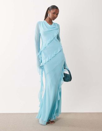 Daska Vestito lungo in chiffon blu con scollo ad anello con volant