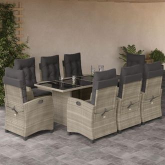 vidaXL Set Comedor De Jard&iacute;n 9 Pzas Cojines Rat&aacute;n Sint&eacute;tico Gris Claro Vidaxl